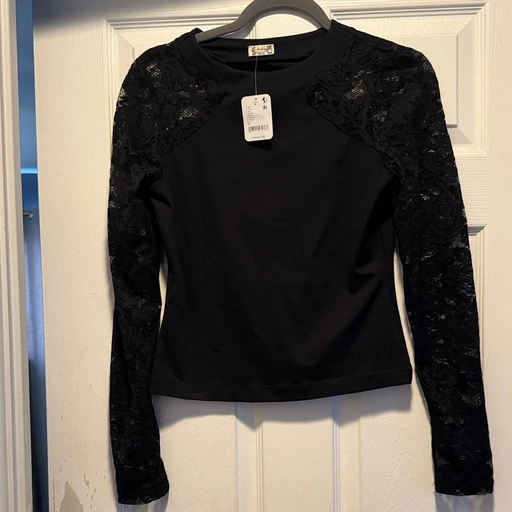 Free People Black Long-Sleeve Lace Sleeve Tee - Picture 1 of 6